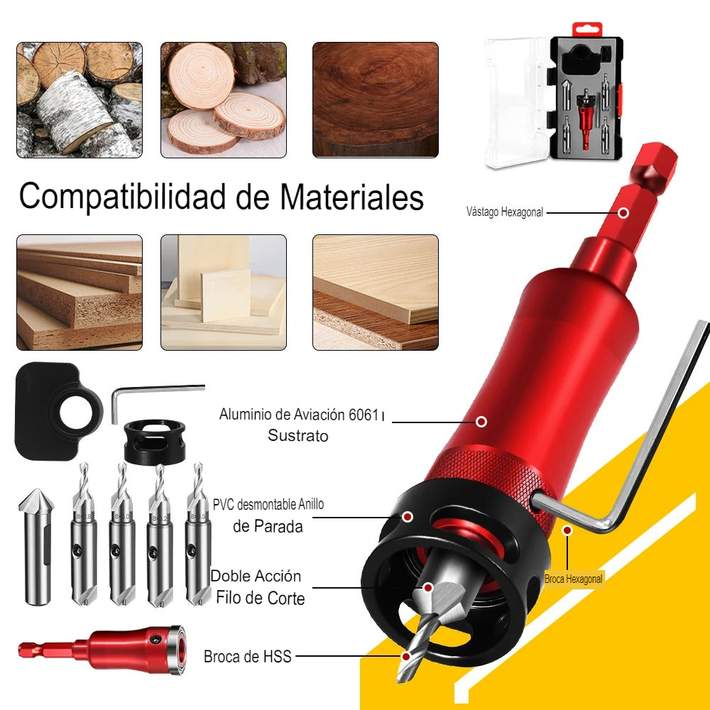 Juego Profesional de Brocas Avellanadoras4 en 1 con Tope de Profundidad