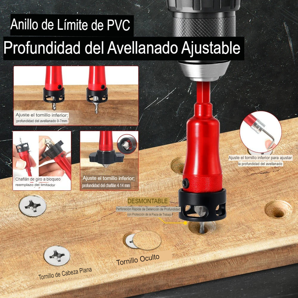 Juego Profesional de Brocas Avellanadoras4 en 1 con Tope de Profundidad